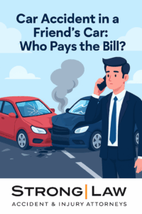 Illustration of a man on the phone in front of a two-car crash, used for Strong Law’s article about liability in car accidents involving a friend’s vehicle.
