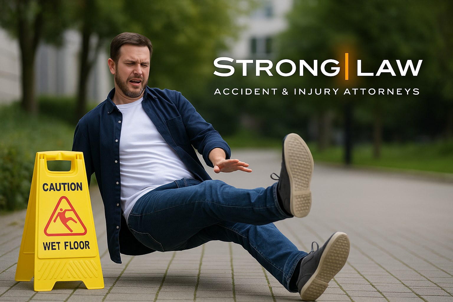 A man losing balance on concrete stairs in a city setting, reaching out to break his fall, with Strong Law branding included to represent legal services.