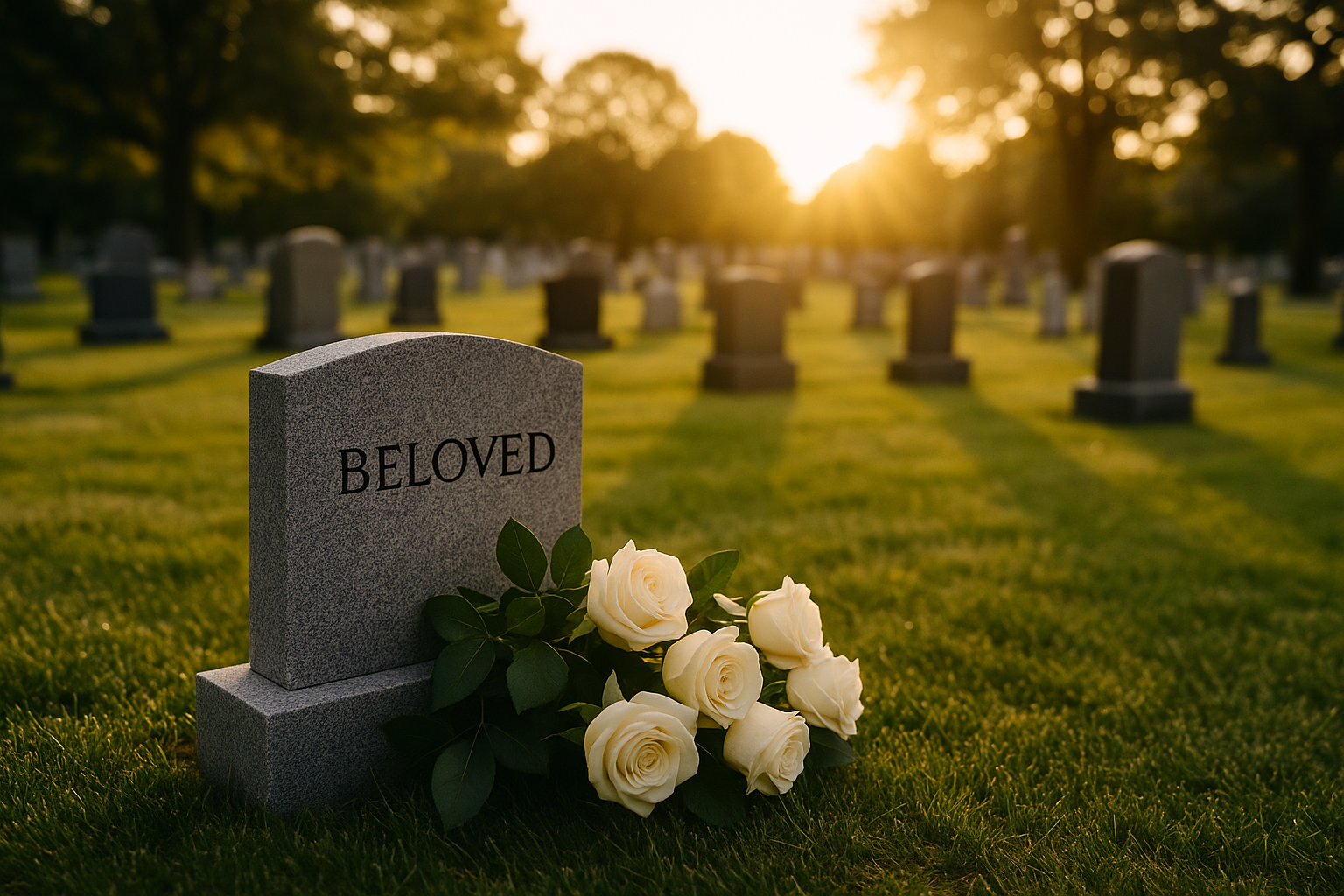 A serene cemetery at sunset with a granite headstone labeled “Beloved” and a bouquet of white roses in front, symbolizing loss and remembrance.