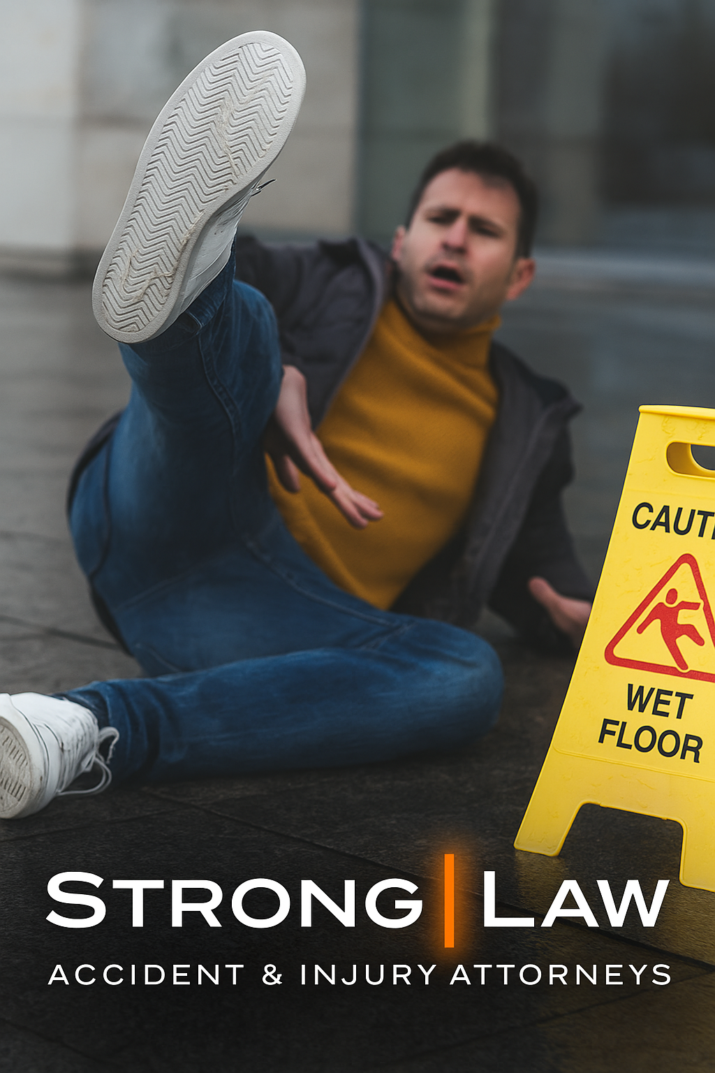 A man in casual clothes slipping on a wet pavement next to a caution sign, with Strong Law branding promoting slip and fall legal services.