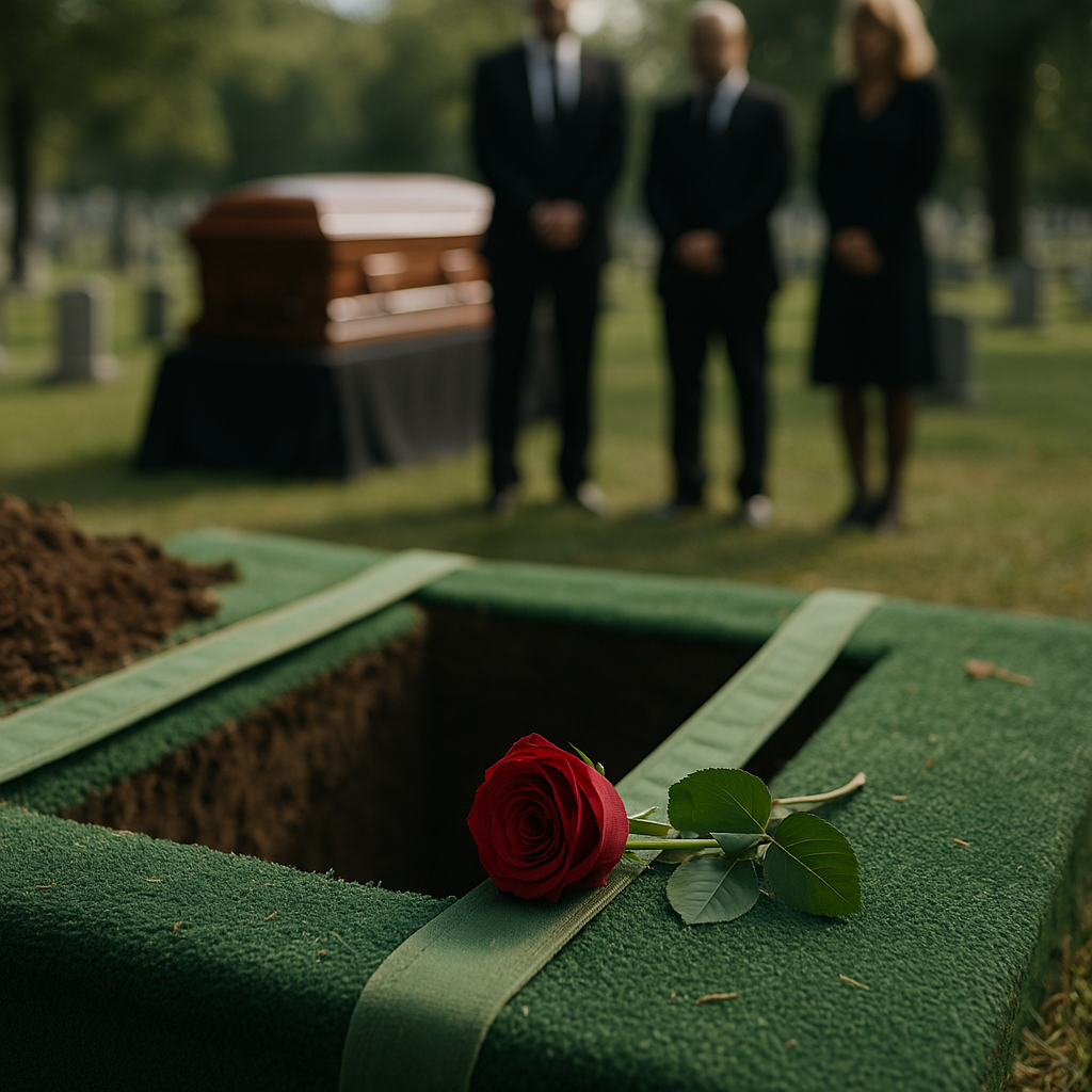 A red rose resting on the edge of a burial plot with a closed casket in the background and mourners standing solemnly.