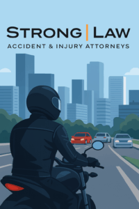 Illustration of a motorcyclist riding toward the Denver skyline with cars in traffic, used as a blog cover for Strong Law Accident & Injury Attorneys.
