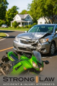 Green motorcycle after having a serious auto accident with a car