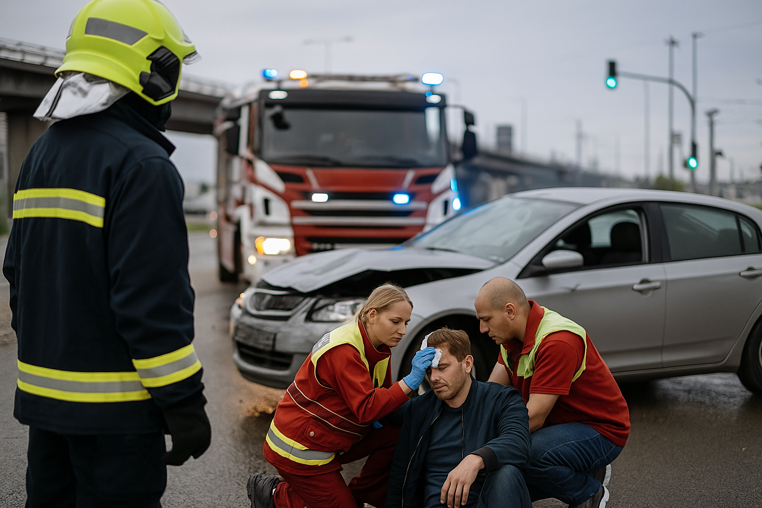 Photograph of emergency responders at a car accident scene during daylight in a setting resembling Tacoma, Washington.