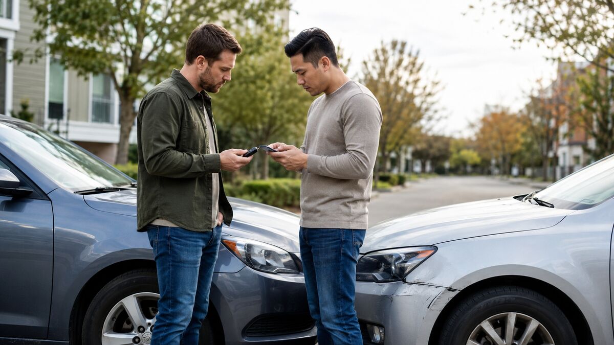 Two friends reviewing insurance information after a car accident