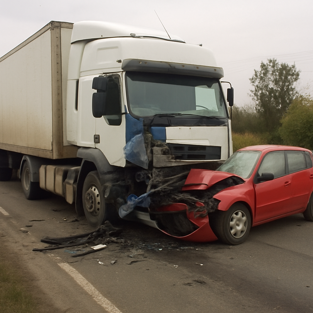 Red car crushed under the front of a semi-truck after a highway collision