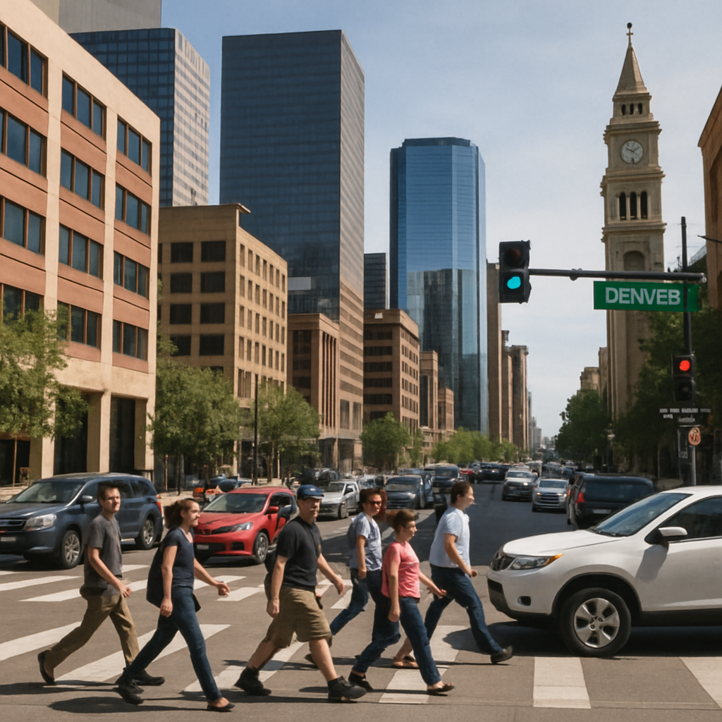 A busy intersection in Denver with pedestrians and vehicles