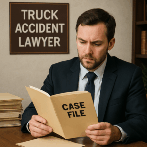 Attorney reviewing a truck accident case file in an office
