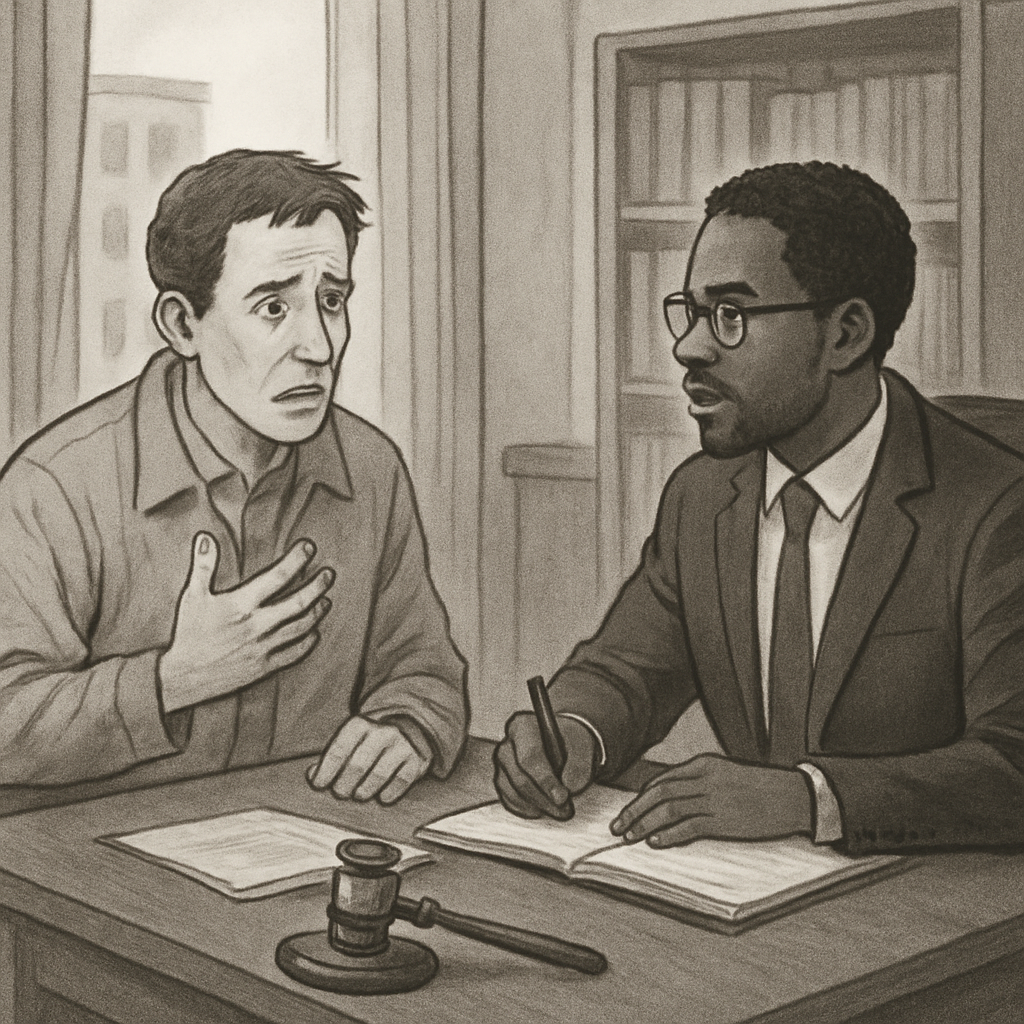 A concerned pedestrian talking to a lawyer in an office