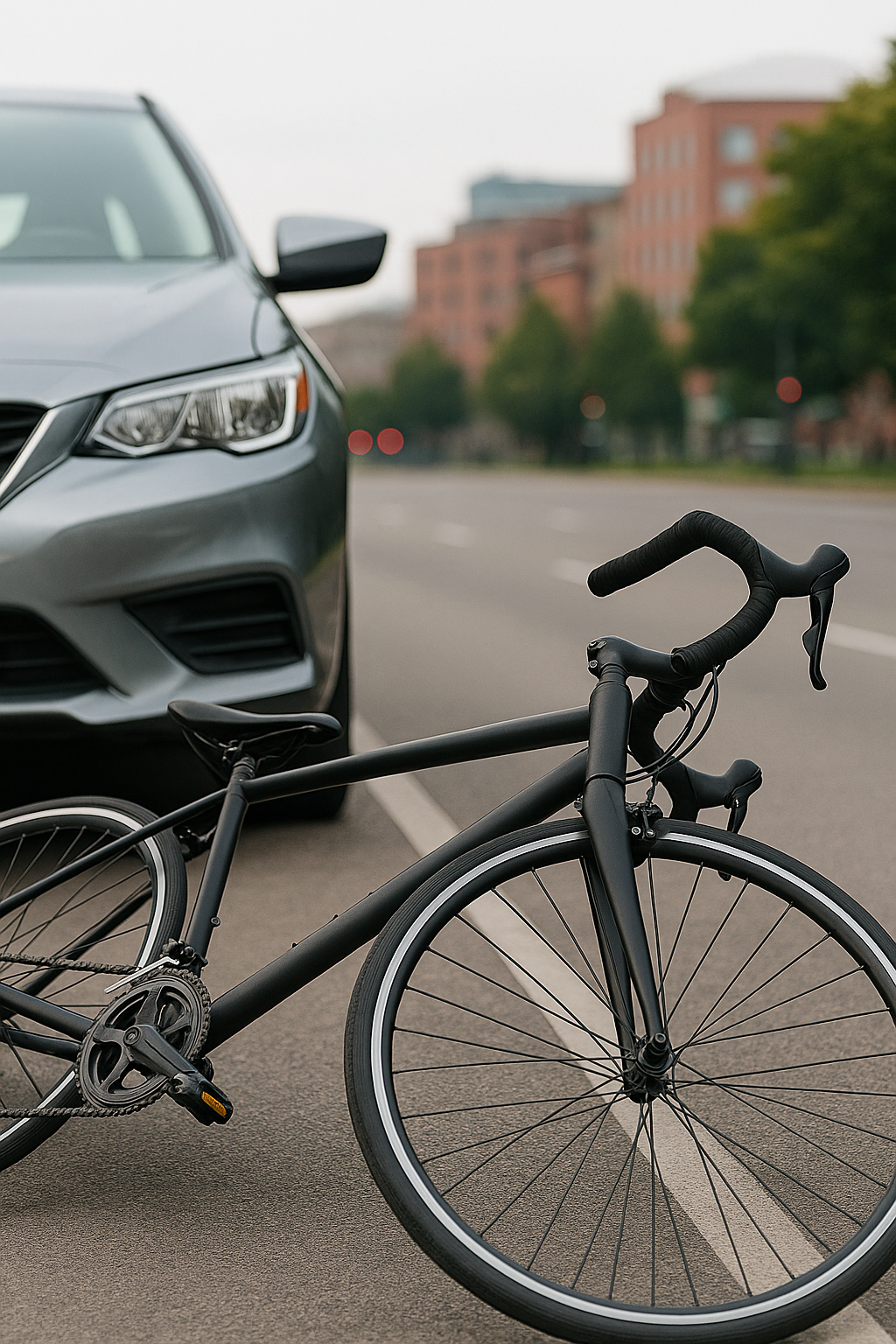 A black bicycle lying damaged on the road in front of a silver car in Denver, symbolizing a bicycle accident scene.