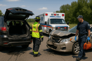 Denver colorado firemen and police responding to a car accident crash on the highway