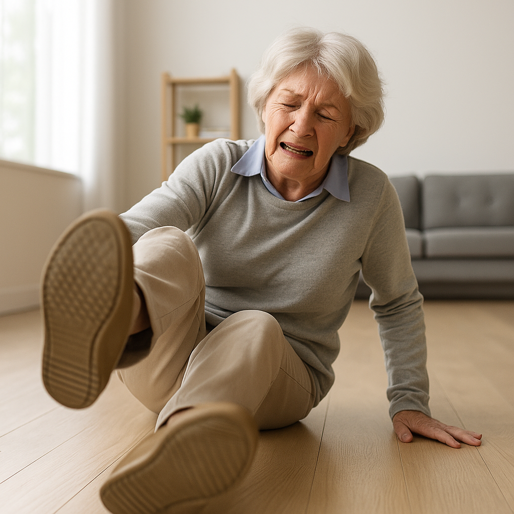 Elderly woman in Denver sitting on the floor in pain after slipping on a hardwood surface in her home