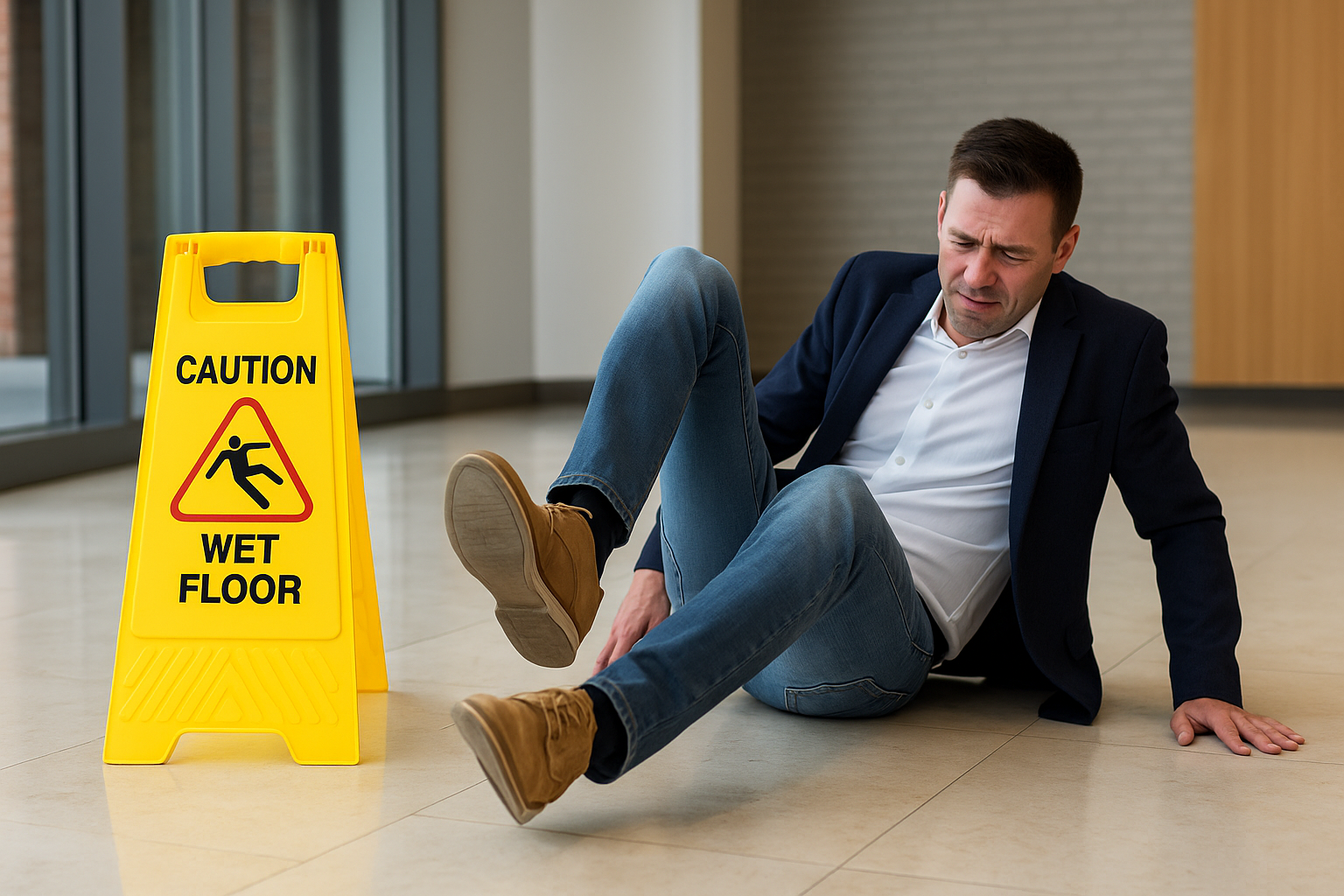 Man injured in slip and fall near wet floor sign