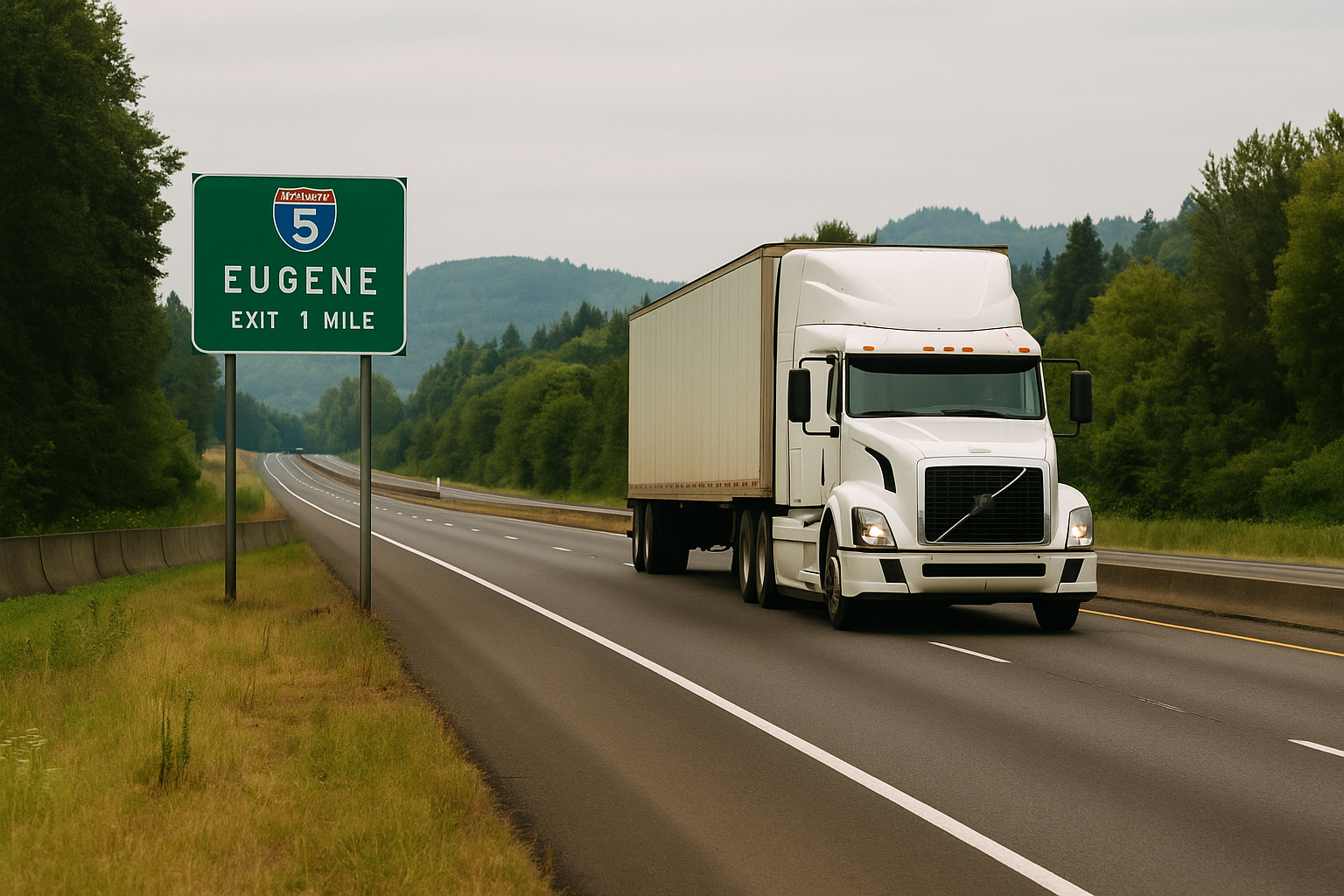 Semi-truck driving along Interstate 5 near Eugene, Oregon