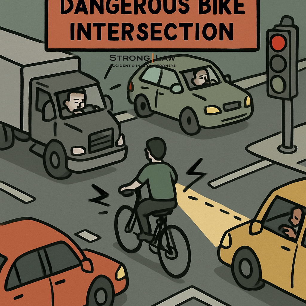 Illustration showing a cyclist surrounded by cars and trucks at a dangerous intersection in Eugene, Oregon, symbolizing common bicycle accident risks and driver blind spots.
