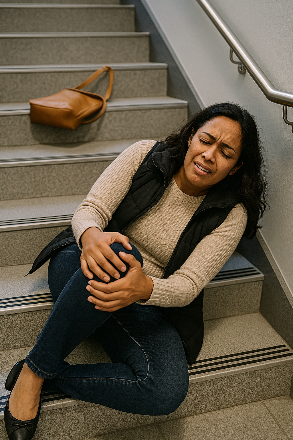 Injured woman sitting on stairs in Provo after falling on unsafe property.