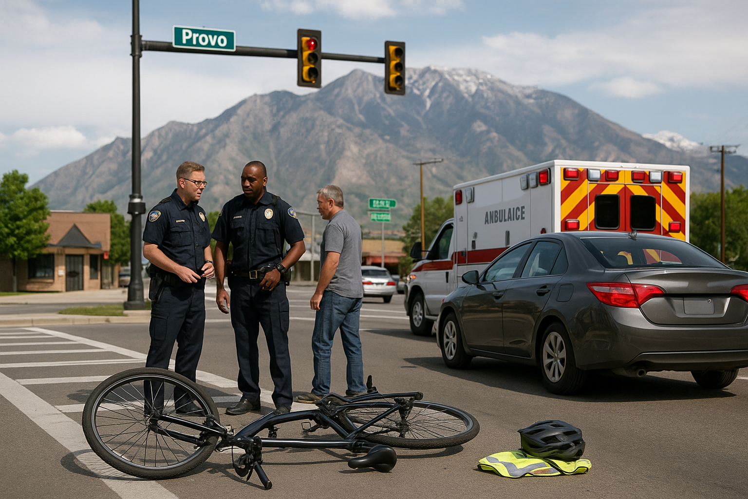 Police officers and bicycle accident victim near a damaged bicycle and stopped car and ambulance near a Provo intersection with the Wasatch Mountains in the background.