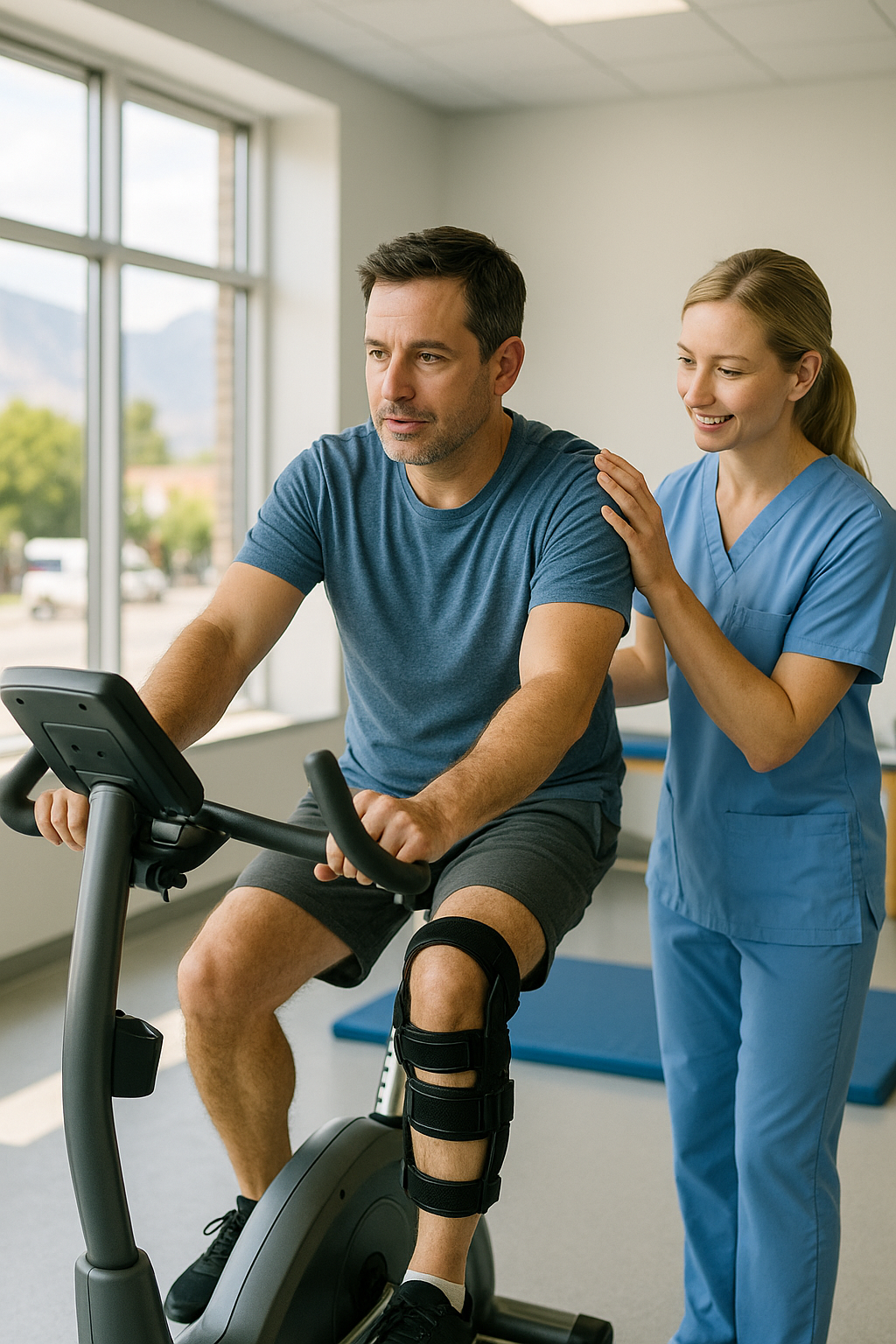 Man with a leg brace performs cycling therapy on a stationary bike in a Provo physical therapy clinic, assisted by a supportive therapist.