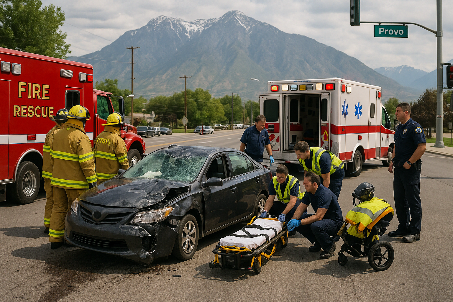 Firefighters, paramedics, and police officers work together at a Provo car accident scene with a patient on a stretcher, emergency vehicles, and the Wasatch Mountains in the background.