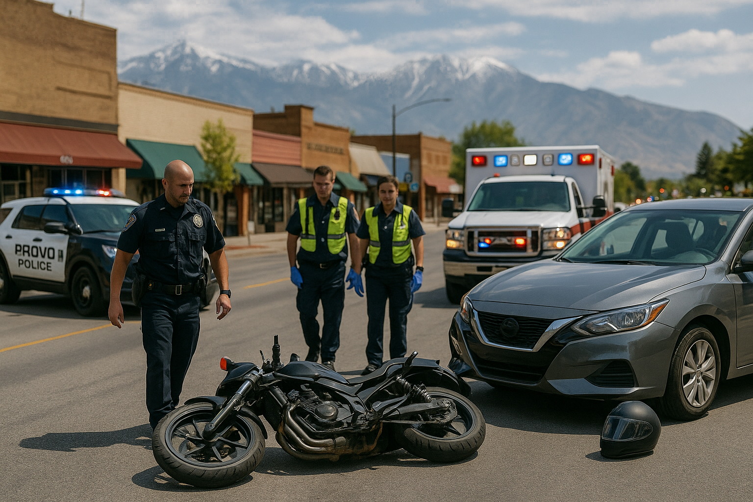 olice officers and paramedics respond to a minor motorcycle and car accident on a Provo city street with the Wasatch Mountains in the background.