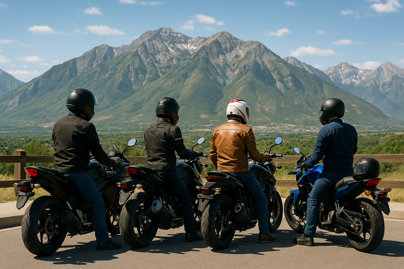 Group of motorcyclists wearing helmets parked at a scenic overlook near Provo Canyon with the Wasatch Mountains in the background.