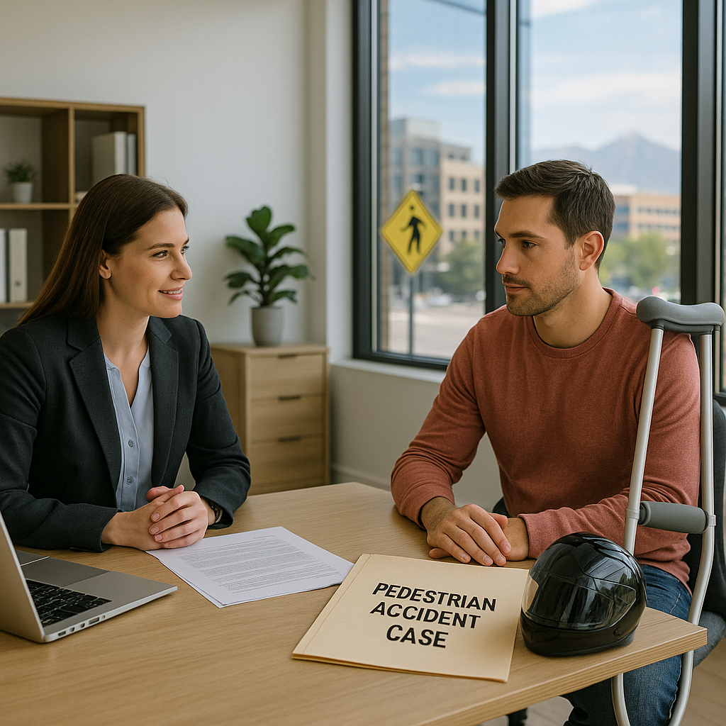 Pedestrian accident lawyer meets with a client using crutches in a modern Provo office with a “Pedestrian Accident Case” folder on the desk.