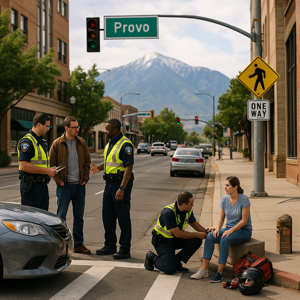 Police and paramedics assist an injured pedestrian at a Provo crosswalk with the Wasatch Mountains in the background.
