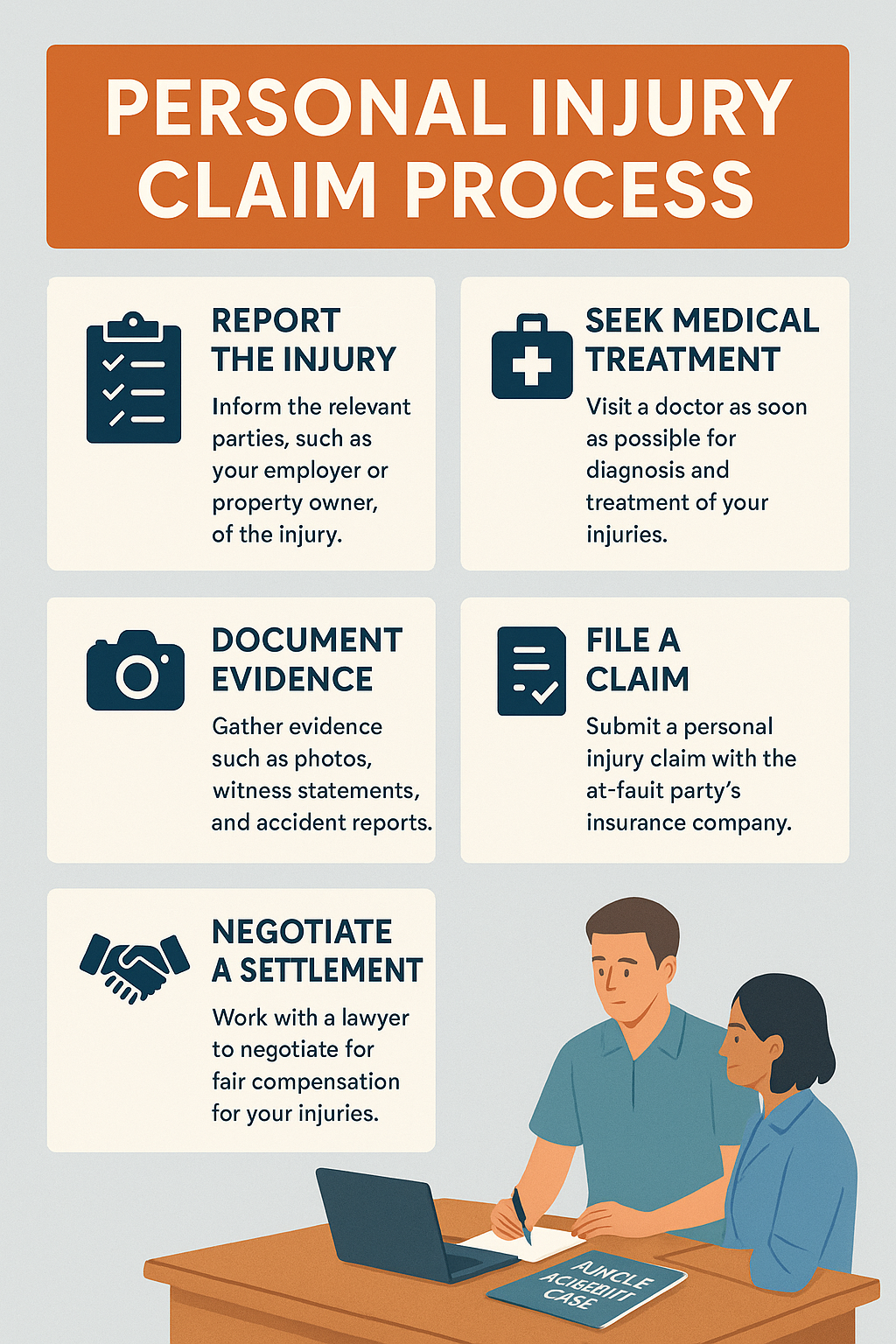 Infographic outlining five steps of the personal injury claim process in Provo—consultation, investigation, medical treatment, negotiation, and settlement or trial—designed in blue and gold with Strong Law branding and a Wasatch Mountains silhouette.