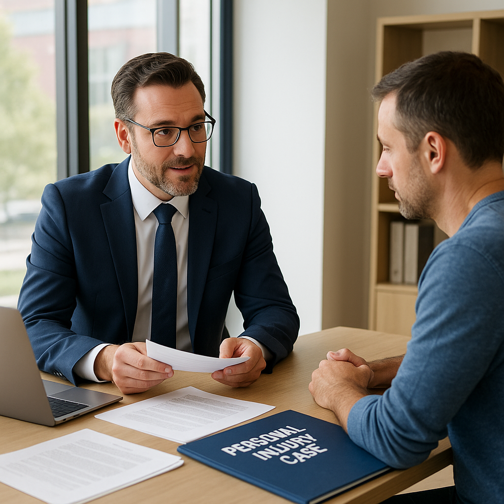 Professional attorney provides legal guidance to a client in a modern Provo office with documents, laptop, and a “Personal Injury Case” folder on the desk under natural daylight.