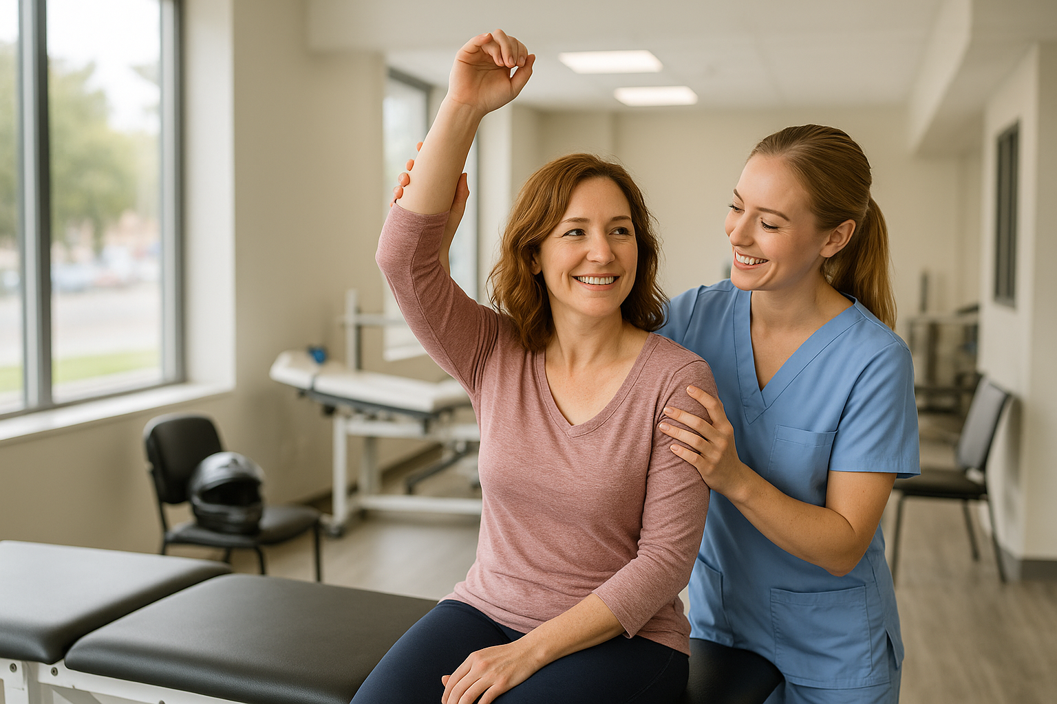 Smiling woman works with a physical therapist in a bright Provo clinic, stretching her arm during recovery after a personal injury, with natural light and a supportive atmosphere.