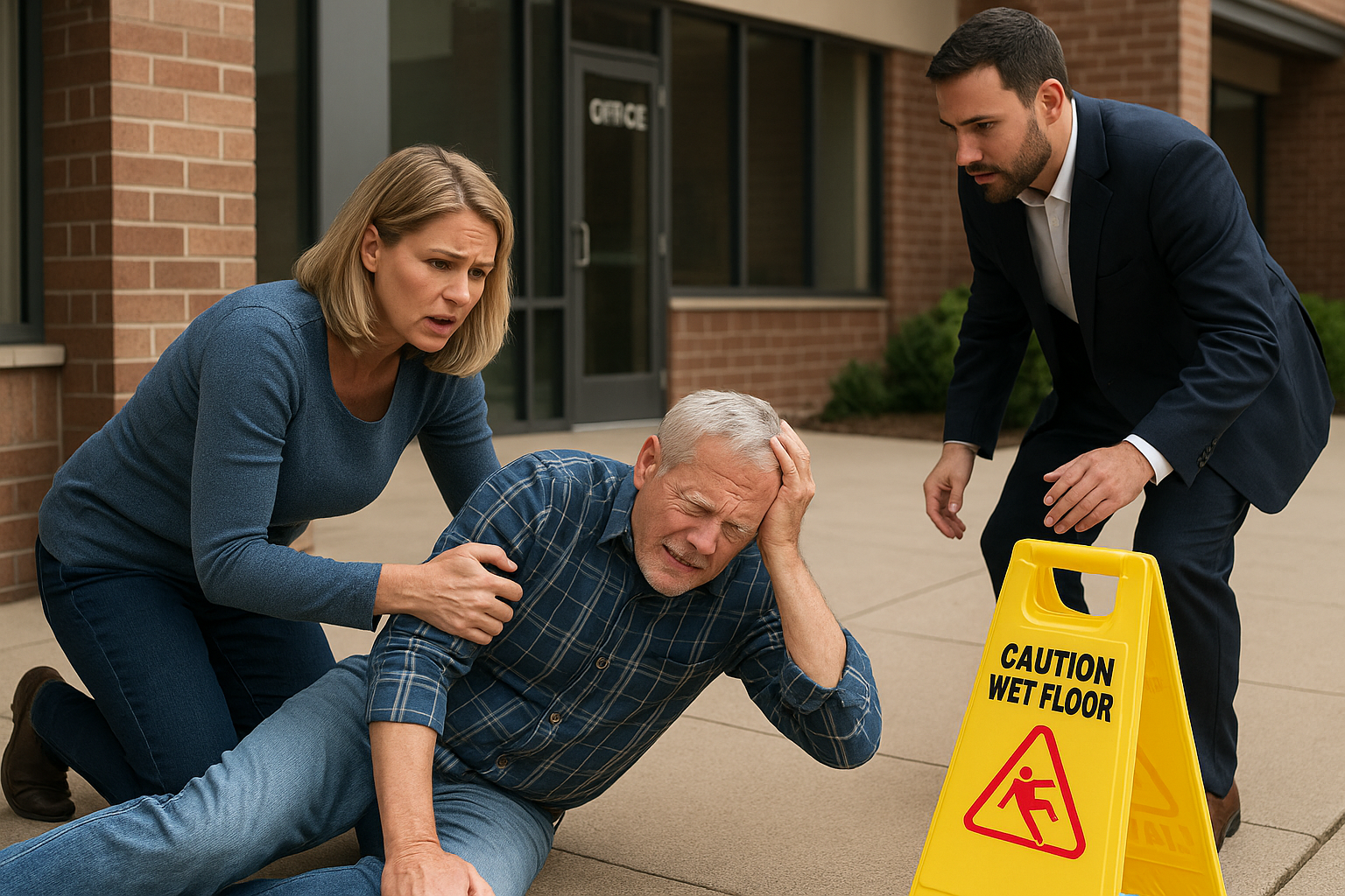 People assisting an injured man outside an office building in Provo after a slip and fall.