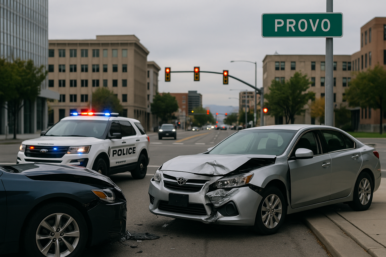 Two damaged sedans at a downtown Provo intersection under an overcast sky, with a Provo street sign and police SUV with flashing lights nearby.