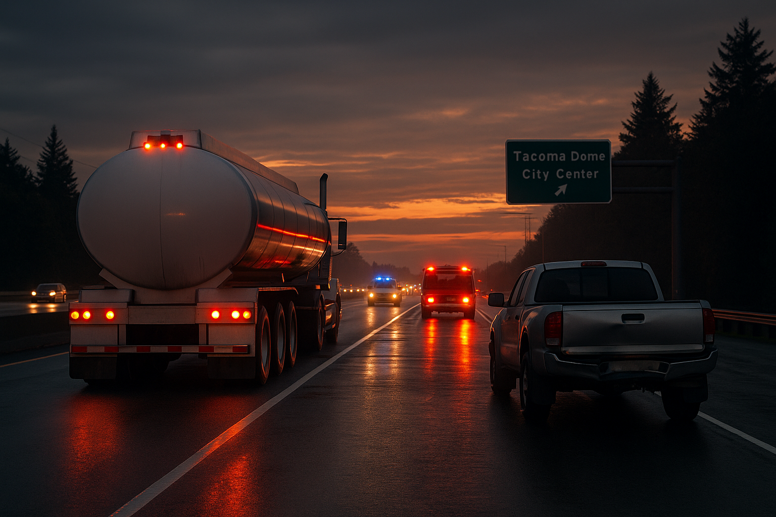 Image showing a pickup truck wedged under a tanker on I‑5 near the Tacoma Dome with emergency vehicles on scene.