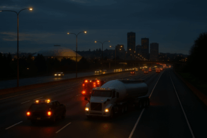 Image of the Tacoma Dome and downtown skyline at sunset with Interstate 5 traffic in the foreground