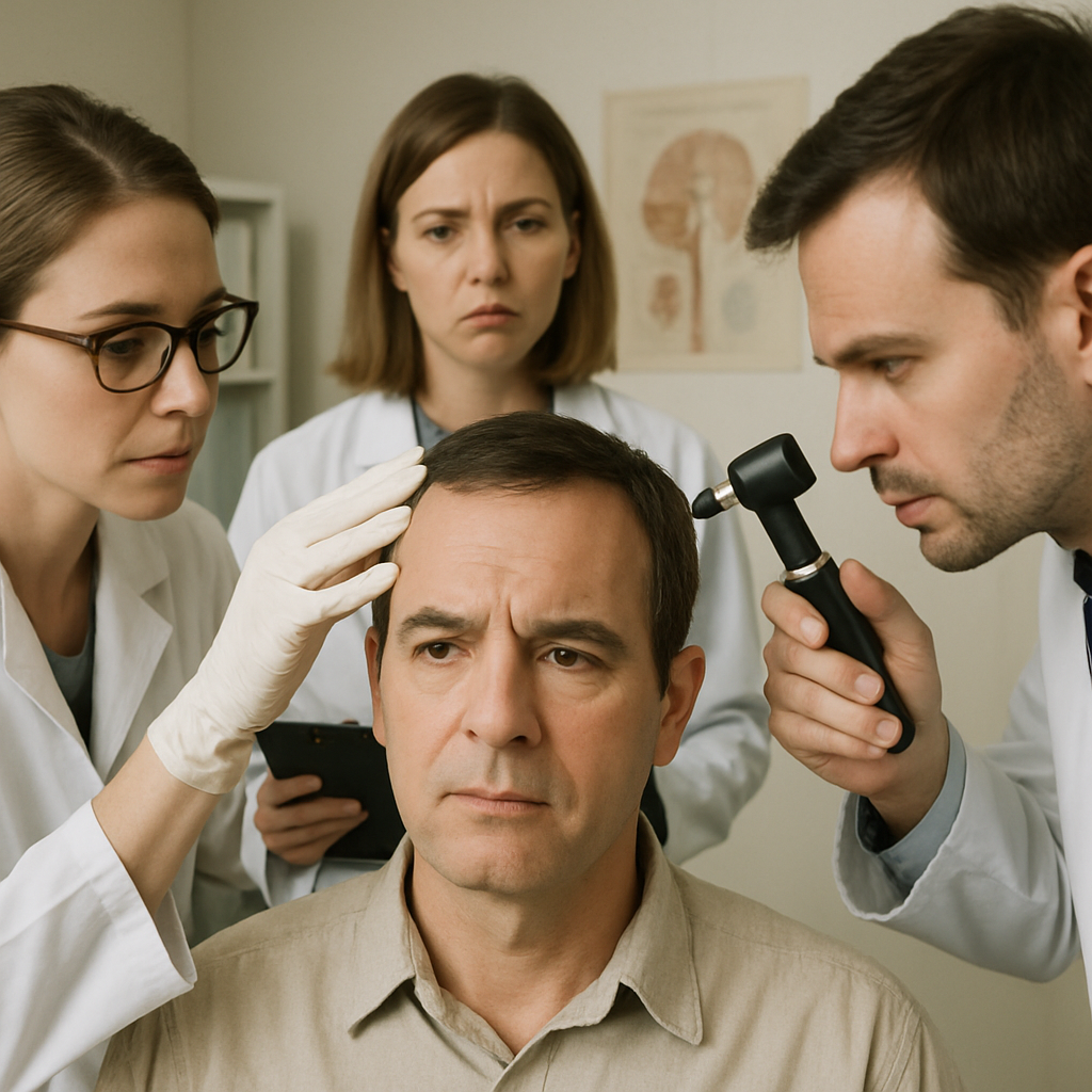 Team of Denver doctors conducting neurological examination on a brain injury patient.