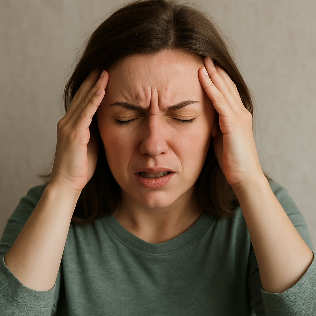 Woman holding her head and wincing in pain from a severe post-injury headache.