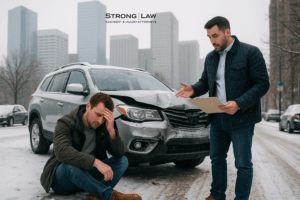 Stressed driver sitting beside a damaged SUV on a snowy Denver street while an insurance adjuster gestures with a clipboard.