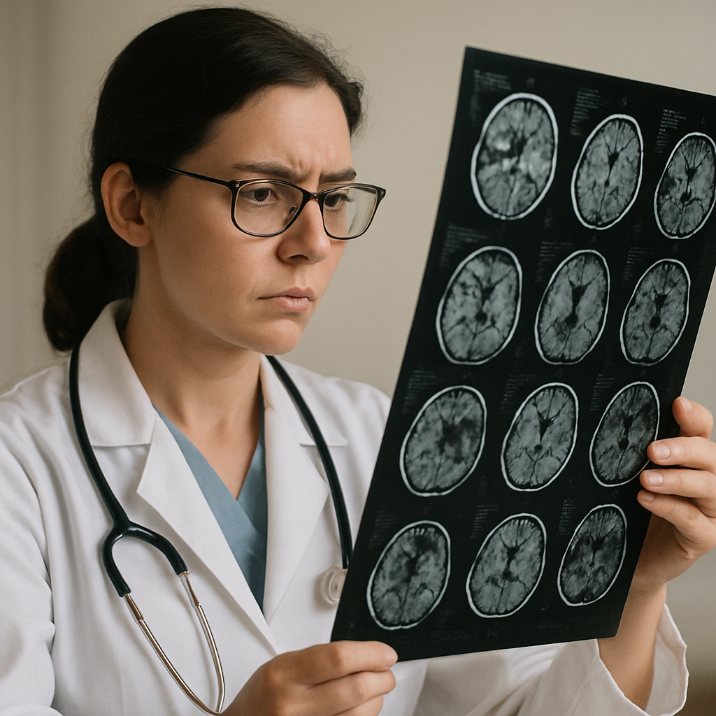 A doctor reviews detailed brain scan images to assess neurological damage. This image supports content about TBI diagnosis, medical evaluation, and expert review in brain injury cases.