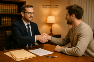 Lawyer and client shaking hands across a wooden desk in a warm-lit Midvale law office with legal folders and paperwork visible.