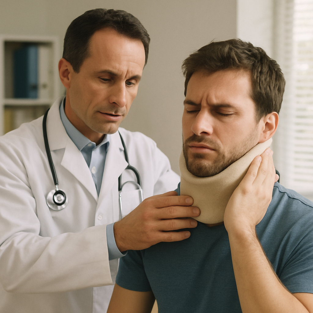 Doctor helping a patient with a neck brace after a traumatic or catastrophic injury.