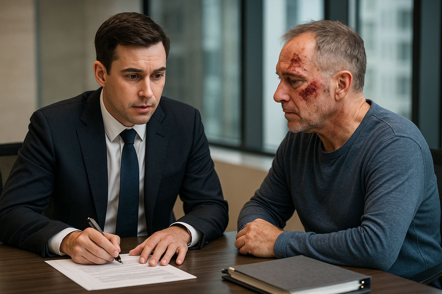 Personal injury lawyer consulting with an injured client in a modern office