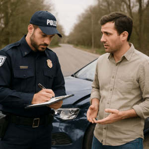 Police officer documenting details at a car accident scene