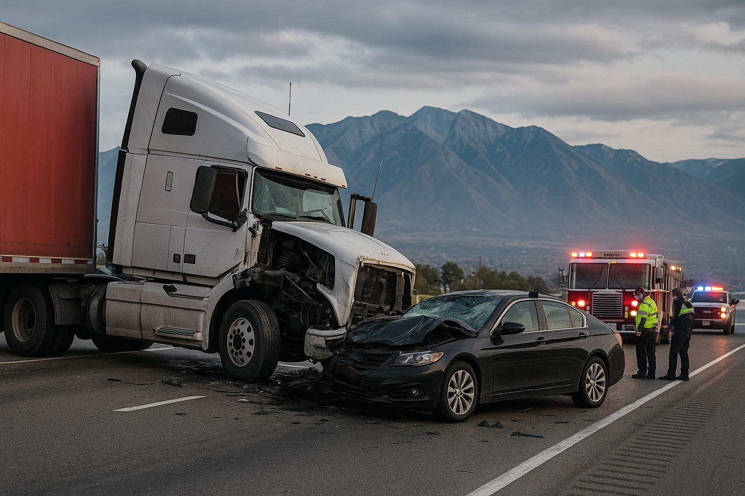 Paramedics assisting an injured person after a truck accident with a medical stretcher and emergency vehicle