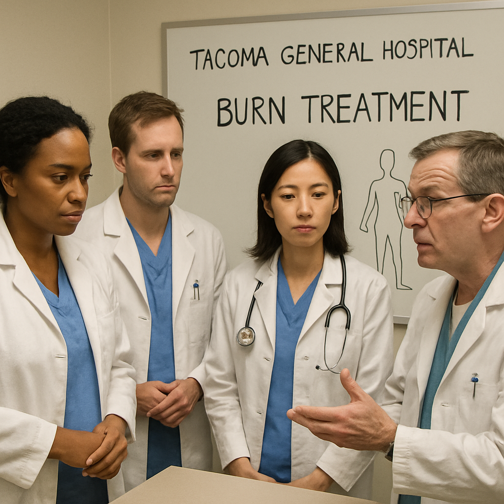 Medical team discussing burn treatment options at Tacoma General Hospital.