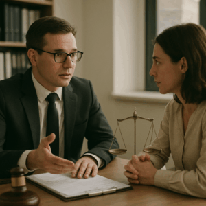 Car accident lawyer meeting with an injured client during a legal consultation in Tacoma.