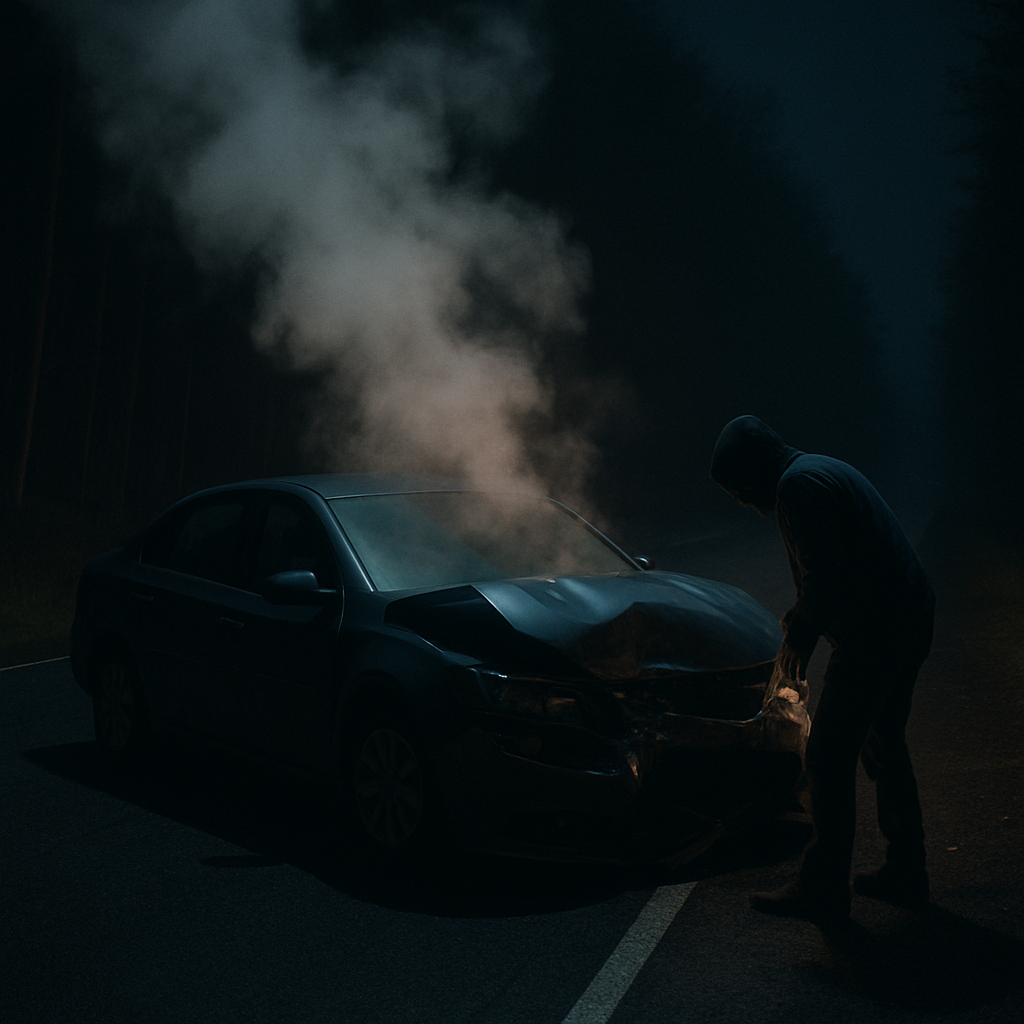 Crashed vehicle at night with smoke rising from the hood and a person inspecting the damage.