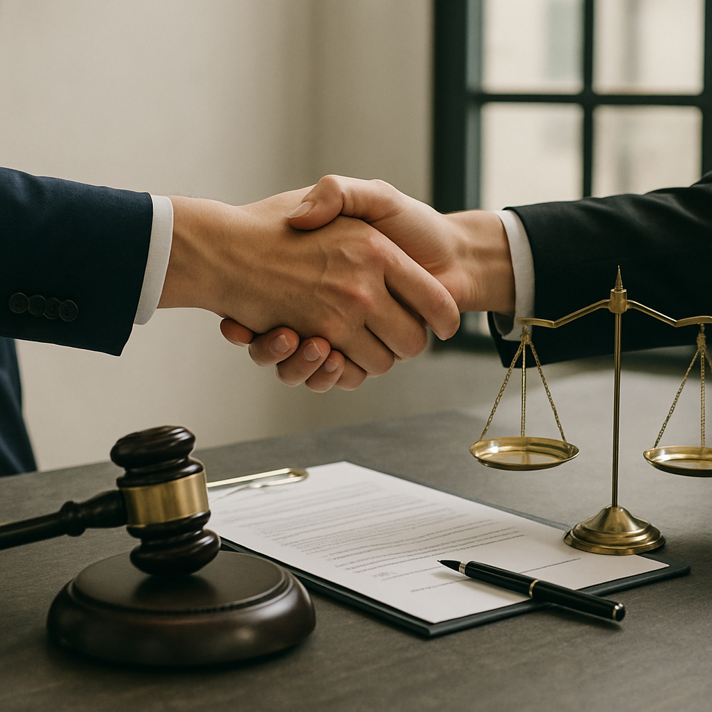 Close-up of attorneys shaking hands over legal documents, scales of justice, and a gavel after reaching a spinal injury case agreement.