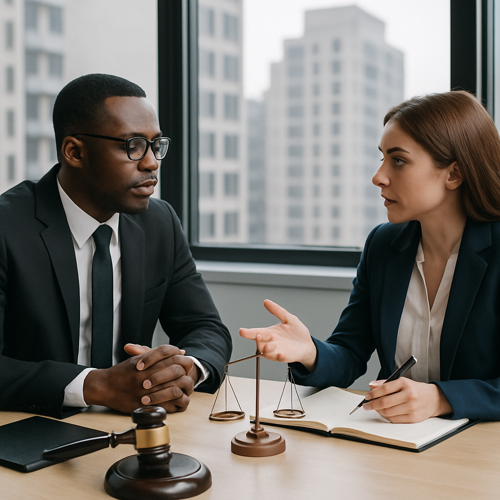 Two attorneys discussing a spinal injury case during a legal consultation in a Tacoma law office.