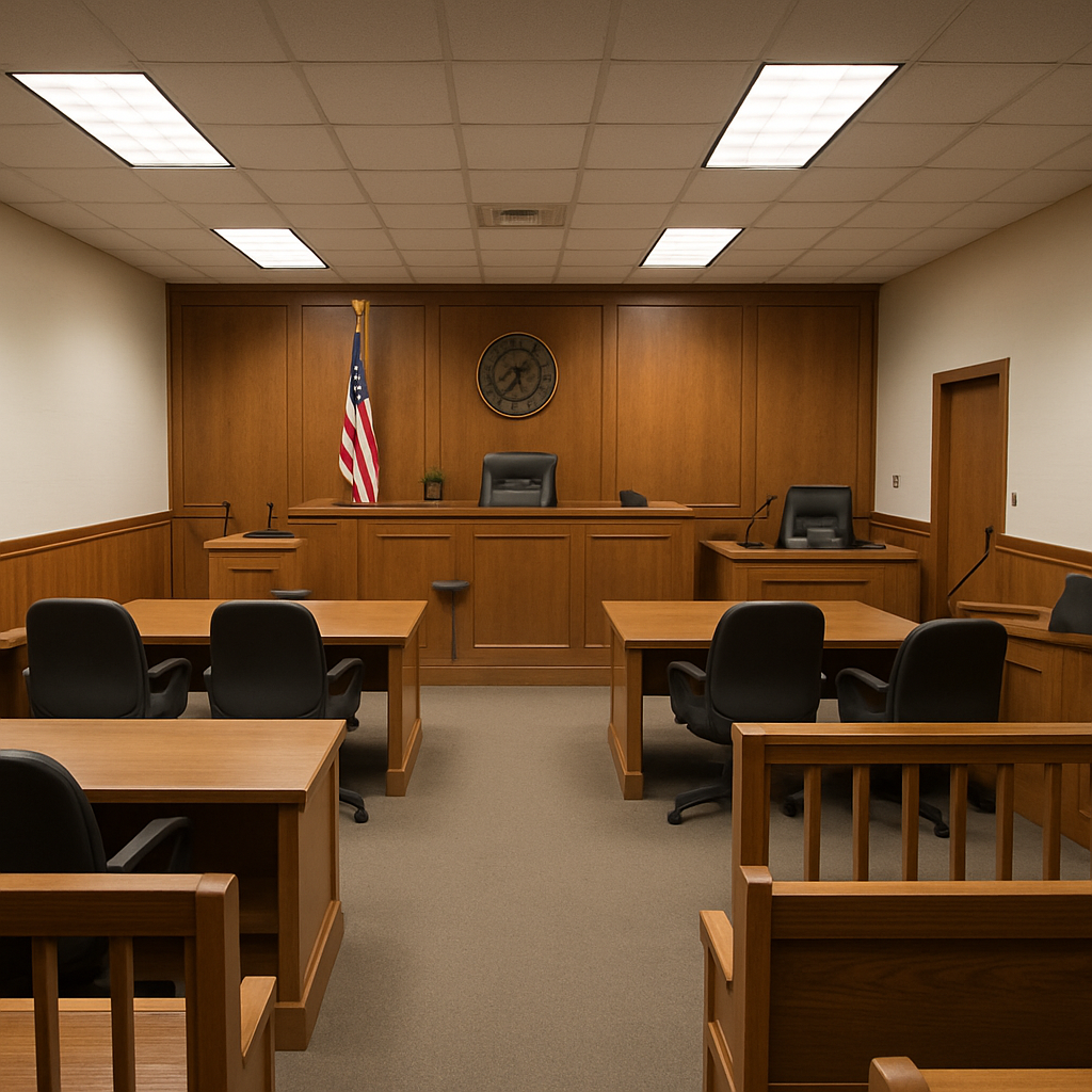 Empty Tacoma courtroom prepared for a spinal injury hearing or trial.