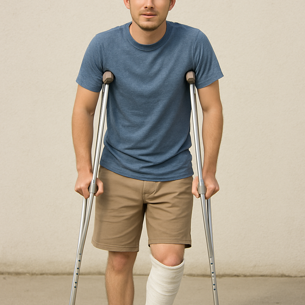 Man with leg cast and crutches recovering from an accident injury in Utah